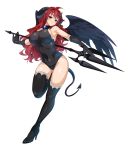  1girl black_gloves black_legwear black_wings breasts demon_horns demon_tail frown full_body gloves high_heels highres holding holding_weapon horns kisaragi_setsuna kure_masahiro large_breasts leg_lift leotard long_hair official_art polearm pumps red_eyes redhead sideboob simple_background solo tail thigh-highs trident valkyrie_drive valkyrie_drive_-siren- weapon white_background wings 