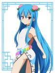  1girl ass bare_shoulders blue_hair blush cato_(monocatienus) china_dress chinese_clothes dress flat_chest food fruit hinanawi_tenshi long_hair peach red_eyes side_slit sidelocks sleeveless sleeveless_dress touhou very_long_hair white_dress 
