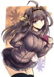  1girl ahoge alternate_costume arm_behind_back black_legwear blue_eyes book breasts brown_hair brown_skirt double_bun hairband headgear holding holding_book kantai_collection kongou_(kantai_collection) large_breasts long_hair long_sleeves looking_at_viewer ribbed_sweater shinshin skirt smile solo sweater thigh-highs twitter_username zettai_ryouiki 