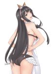  1girl :d apron ass bikini black_bikini black_eyes black_hair breasts granblue_fantasy highres jessica_(granblue_fantasy) long_hair looking_at_viewer looking_back open_mouth simple_background smile solo swimsuit terry_(pixiv3274443) white_background 