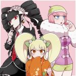  3girls andou_ruruka beanie black_hair blonde_hair blue_eyes bow card cat_hair_ornament celestia_ludenberck claw_ring dangan_ronpa dangan_ronpa_1 dangan_ronpa_3 drill_hair earrings fur_collar fur_trim gothic_lolita hair_bow hair_ornament hat height_difference japanese_clothes jewelry kimono laughing lolita_fashion macaron multiple_girls open_mouth orange_eyes pink_background pink_hair red_eyes saionji_hiyoko shimada_(dmisx) short_hair shorts simple_background super_dangan_ronpa_2 trait_connection twin_drills twintails wide_sleeves 