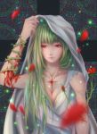  1girl blood_on_arm breasts cleavage emalfire expressionless flower green_hair long_hair original petals plant red_eyes rose rose_petals solo stained_glass thorns veil vines 