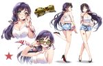  1girl american_flag bare_shoulders breasts casual cleavage glasses_on_head green_eyes high_heels highres long_hair love_live! love_live!_school_idol_project midriff navel ponytail purple_hair sheska_xue shorts solo sunglasses tank_top toujou_nozomi very_long_hair 