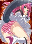  ass blue_eyes fang fate/extra fate/extra_ccc fate_(series) high_heels lancer_(fate/extra_ccc) long_hair looking_at_viewer open_mouth panties pink_hair pointy_ears striped striped_panties tail torimaru underwear 