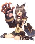  1girl animal_ears ato_(haru_ato) bangs claw_(weapon) erun_(granblue_fantasy) granblue_fantasy grey_hair long_hair open_mouth sen_(granblue_fantasy) skirt solo weapon yawning 