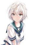  1girl anastasia_(idolmaster) blue_eyes buruma commentary idolmaster idolmaster_cinderella_girls looking_at_viewer nannacy7 ribbon school_uniform serafuku short_hair silver_hair simple_background smile solo white_background 