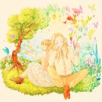  1boy 1girl blonde_hair blue_eyes blue_sky brown_shoes butterfly christopher_weatherfield closed_eyes crystal dress earrings elbow_on_knee facing_viewer grass hair_ornament hand_on_own_cheek hetero highres jewelry long_hair looking_to_the_side maru_come open_mouth outdoors paintbrush protagonist_(tokimemo_gs2) shoes sky tokimeki_memorial tokimeki_memorial_girl&#039;s_side tokimeki_memorial_girl&#039;s_side_2nd_kiss tree 