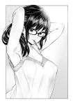  1girl adjusting_hair armpits breasts camisole cleavage commentary_request covered_nipples glasses glasses_day hand_behind_head large_breasts lens_flare looking_at_viewer monochrome mouth_hold original sidelocks sketch smile soborou translucent tying_hair upper_body 