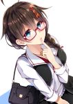  1girl adapted_costume ahoge bag bespectacled blue_eyes braid brown_hair dutch_angle finger_to_mouth glasses hair_flaps hair_ornament hair_over_shoulder jewelry kantai_collection long_hair looking_up necklace parted_lips red-framed_eyewear remodel_(kantai_collection) semi-rimless_glasses shigure_(kantai_collection) single_braid solo suitenjh 