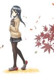  1girl adapted_costume asashio_(kantai_collection) autumn bag black_hair black_legwear blue_eyes cardigan dress food full_body highres kantai_collection lead leaf long_hair long_sleeves looking_at_viewer maple_leaf neck_ribbon pantyhose paper_bag pinafore_dress rakisuto1 red_ribbon remodel_(kantai_collection) ribbon school_uniform shirt shoes smile solo sweet_potato white_shirt 