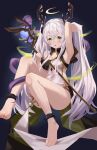 1girl ankle_cuffs antlers armpits bangs bare_shoulders barefoot blue_background blush breasts cernunnos_(shadowverse) commentary_request dress feet floating fur_trim green_hair hair_between_eyes halo highres holding holding_staff long_hair looking_at_viewer open_mouth pelvic_curtain pointy_ears shadowverse shorts simple_background sitting small_breasts snake solo staff toenails twintails very_long_hair white_dress white_hair wisp wuzhu_nis 