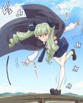  1girl anchovy bangs black_ribbon blue_skirt blue_sky cape clouds day drill_hair eyebrows eyebrows_visible_through_hair girls_und_panzer green_hair hair_between_eyes hair_ribbon long_hair long_sleeves miniskirt open_mouth orange_eyes outdoors pantyhose pleated_skirt ribbon shirt skirt sky solo sweatdrop thomasz tripping twintails white_legwear white_shirt 