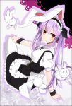  1girl alternate_costume apron arm_support blush bow bowtie breasts bunny_tail collared_shirt enmaided hair_in_mouth hand_on_own_knee lavender_hair long_hair looking_at_viewer maid maid_apron maid_headdress rabbit red_eyes reisen_udongein_inaba shirt sitting tail thigh-highs touhou white_legwear wrist_cuffs xialuluo_(sharuro) 