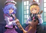  2girls :d :o blonde_hair blue_eyes blue_hair e.o. frilled_shirt_collar frills hat indoors instrument juliet_sleeves light_particles long_sleeves looking_at_viewer lunasa_prismriver merlin_prismriver multiple_girls open_mouth puffy_sleeves short_hair skirt skirt_set smile touhou trumpet upper_body violin window yellow_eyes 