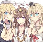  ... 3girls aqua_eyes bare_shoulders blonde_hair blue_eyes blush breasts brown_hair cleavage commentary girl_sandwich gloves hand_to_own_mouth heart iowa_(kantai_collection) jewelry kantai_collection kongou_(kantai_collection) kvlen multiple_girls necklace one_eye_closed open_mouth sandwiched spoken_ellipsis star star-shaped_pupils sweatdrop symbol-shaped_pupils violet_eyes warspite_(kantai_collection) 