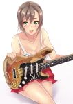  1girl breasts brown_hair cleavage electric_guitar green_eyes guitar idolmaster idolmaster_cinderella_girls instrument open_mouth red_skirt short_hair signature skirt smile solo stevie_ray_vaughan stratocaster tada_riina takeda_seiji tank_top white_background 