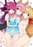  3girls :3 ahoge animal_ears babydoll bad_id bad_twitter_id bare_shoulders black_panties blonde_hair blue_eyes blush blush_stickers braid breast_press breasts choker claws cleavage commentary_request dated elizabeth_bathory_(fate) elizabeth_bathory_(fate)_(all) fate/extra fate_(series) fox_ears fox_tail green_eyes hair_ribbon highres horns hug kou_mashiro large_breasts long_hair looking_at_viewer multiple_girls nero_claudius_(fate) nero_claudius_(fate)_(all) one_eye_closed open_mouth panties pink_hair pointy_ears ribbon signature smile striped striped_panties tail tamamo_(fate)_(all) tamamo_no_mae_(fate) two_side_up underwear white_panties yellow_eyes 