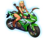  1girl aqua_eyes armlet arrow bare_legs bare_shoulders blonde_hair bodysuit boots bow_(weapon) braid breasts cleavage commentary_request cowboy_boots elf feathers female flat_tire ground_vehicle hair_feathers highres jewelry large_breasts motor_vehicle motorcycle necklace ogami original pointy_ears quiver riding short_hair side_braid sleeveless smile solo v-neck vehicle weapon wrist_guards 