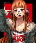  1girl 92kuni92 brown_hair fur_collar glass headphones jacket off_shoulder open_mouth persona persona_5 sakura_futaba solo tongue tongue_out upper_body 