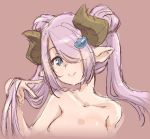  1girl blue_eyes blush closed_mouth collarbone doraf double_bun granblue_fantasy hair_between_eyes hair_over_one_eye horns long_hair narumeia_(granblue_fantasy) pointy_ears purple_hair red_background smile solo thomasz upper_body 