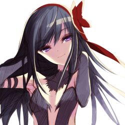  1girl akemi_homura akuma_homura armpits bare_shoulders black_gloves black_hair bow elbow_gloves gloves hair_bow hairband highres light_smile long_hair mahou_shoujo_madoka_magica mahou_shoujo_madoka_magica_movie misteor red_bow solo upper_body violet_eyes white_background 