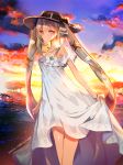  1girl 2016 astarone beach black_hat dated dress fate/grand_order fate_(series) hair_ornament hat long_hair marie_antoinette_(fate/grand_order) outdoors sky solo twintails twitter_username very_long_hair white_dress 