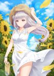  1girl clouds dress emilia_(re:zero) flower hair_flower hair_ornament hat highres long_hair neps-l petals re:zero_kara_hajimeru_isekai_seikatsu ribbon sandals solo violet_eyes white_dress 