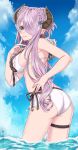  1girl alternate_hairstyle ass bikini blue_eyes blush braid breasts butterfly butterfly_earrings closed_mouth clouds day doraf double_bun earrings finger_to_cheek flat_ass granblue_fantasy hair_ornament hair_over_one_eye highres horns jewelry large_breasts long_hair looking_at_viewer looking_back narumeia_(granblue_fantasy) outdoors pearl pearl_earrings pointy_ears purple_hair side-tie_bikini sideboob smile solo sora_yoshitake_yuda swimsuit thigh_strap twin_braids wading water wet white_bikini 