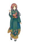  :o artist_request braid brown_hair clenched_hand eyebrows eyebrows_visible_through_hair flower fujisaki_(graphic_loops) full_body furisode green_eyes hair_flower hair_ornament highres japanese_clothes kimono long_hair long_sleeves looking_at_viewer nazuka_juri obi official_art sandals sash simple_background striped tabi toys_drive twin_braids vertical_stripes white_background wide_sleeves 