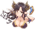  1girl augusta_(granblue_fantasy) bare_shoulders black_hair breasts closed_mouth collarbone covered_nipples doraf granblue_fantasy horns large_breasts long_hair pointy_ears simple_background smile solo thomasz white_background yellow_eyes 