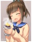  1girl blush brown_hair cardigan closed_eyes commentary_request food highres i-401_(kantai_collection) kantai_collection kazumi_(syoki4230) long_hair open_mouth ponytail school_uniform short_ponytail smile solo sweet_potato yakiimo 