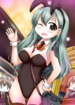  akashi_(kantai_collection) animal_ears aqua_eyes aqua_hair bare_shoulders blue_eyes breasts brown_hair brown_skirt bunny_girl bunny_tail bunnysuit cleavage covered_navel detached_collar face_of_the_people_who_sank_all_their_money_into_the_fx hair_ornament hair_ribbon hairclip heart heart-shaped_pupils kantai_collection kumano_(kantai_collection) leotard long_hair multiple_girls one_eye_closed ouno_(nounai_disintegration) pink_hair ponytail rabbit_ears ribbon school_uniform skirt smile strap_cleavage suzuya_(kantai_collection) symbol-shaped_pupils tail tress_ribbon wrist_cuffs 