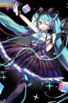  1girl blue_eyes dr_poapo dress gloves green_hair hatsune_miku highres long_hair magical_mirai_(vocaloid) microphone microphone_stand necktie one_eye_closed open_mouth solo twintails very_long_hair vocaloid 