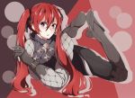  1girl armor fire_emblem fire_emblem_if gloves hair_between_eyes hair_ribbon highres long_hair looking_at_viewer luna_(fire_emblem_if) lying on_stomach polka_dot polka_dot_background red_eyes redhead ribbon shayuheisi solo twintails very_long_hair 