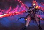 1girl antenna_hair bodysuit boots breasts dual_wielding fate/grand_order fate_(series) from_below gae_bolg glowing glowing_weapon kenbuo large_breasts long_hair pauldrons polearm purple_hair red_eyes scathach_(fate/grand_order) see-through serious solo spear thigh-highs thigh_boots weapon 