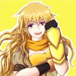  &gt;:d 1girl :d blonde_hair breasts cleavage fingerless_gloves gloves long_hair messy_hair open_mouth ruko rwby scarf smile solo teeth violet_eyes yang_xiao_long yellow_background 