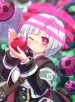  1girl apple armband blush food fruit heart mary_skelter mizunashi_(second_run) one_eye_closed red_eyes short_hair skull slit_pupils snow_white_(mary_skelter) solo white_hair 