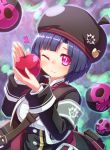  1girl apple armband blue_hair blush food fruit heart mary_skelter mizunashi_(second_run) one_eye_closed red_eyes short_hair skull slit_pupils snow_white_(mary_skelter) solo 