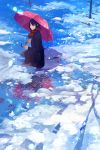  1girl black_hair black_legwear gemi highres kneeling original reflection scarf skirt smile snow snowing solo umbrella 