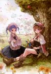  2girls absurdres apple apron atelier_(series) atelier_rorona blue_hair boots brown_hair dress feathers food fruit hat highres hom_(atelier) jewelry kishida_mel looking_at_viewer multiple_girls pendant petals pointy_ears ribbon rororina_fryxell sitting staff tree twintails 