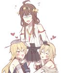  &gt;_&lt; 3girls bare_shoulders blonde_hair blush brown_hair closed_eyes detached_sleeves flying_sweatdrops heart hug iowa_(kantai_collection) kantai_collection kongou_(kantai_collection) kvlen leg_hug multiple_girls no_nose triangle_mouth warspite_(kantai_collection) yuri 