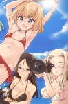  &gt;:d 3girls :d ;o bangs bikini black_bikini black_hair blonde_hair blue_eyes blue_sky blush breasts camera clara_(girls_und_panzer) cleavage closed_mouth clouds day eyebrows eyebrows_visible_through_hair fang girls_und_panzer hair_between_eyes hair_intakes holding holding_camera jumping katyusha long_hair lowleg lowleg_panties medium_breasts multiple_girls nonna one_eye_closed open_mouth panties red_bikini short_hair sky small_breasts smile sparkle sun swimsuit taking_picture thomasz underwear 