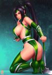  1girl akali armpits ass bare_shoulders black_hair breasts closed_mouth detached_sleeves from_side full_body green_eyes green_legwear highres kneeling large_breasts league_of_legends long_hair looking_at_viewer looking_to_the_side patreon pelvic_curtain ponytail revealing_clothes sickle sideboob solo svoidist thigh-highs 