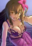  1girl bikini breasts cleavage fate/grand_order fate_(series) flower from_above hair_flower hair_ornament hibiscus highres kami_mitsugu_(kamiken) large_breasts long_hair looking_at_viewer navel open_mouth purple_hair red_eyes sarong scathach_(fate/grand_order) scathach_(swimsuit_assassin)_(fate) self_shot smile solo swimsuit 