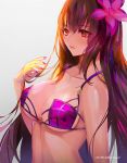  1girl 2016 astarone breasts closed_mouth dated fate_(series) large_breasts long_hair purple_hair red_eyes scathach_(fate/grand_order) solo twitter_username 