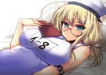  1girl ahoge armband bare_shoulders blonde_hair blue_eyes blush book breasts glasses hair_ribbon hat holding holding_book i-8_(kantai_collection) kantai_collection large_breasts looking_at_viewer low_twintails lying name_tag on_back one-piece_swimsuit open_book peaked_cap pillow red-framed_eyewear ribbon sailor_hat school_swimsuit semi-rimless_glasses shinshin solo swimsuit twintails under-rim_glasses white_hat white_swimsuit 