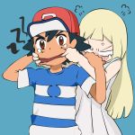  blonde_hair blush brown_eyes finger_in_mouth hat lillie_(pokemon) pokemon pokemon_(anime) satoshi_(pokemon) 