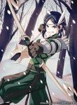  1girl angry archery armor arrow artist_request belt black_eyes black_hair bow_(weapon) circlet copyright_name feathers fire_emblem fire_emblem:_kakusei fire_emblem_cipher gloves hair_feathers holding holding_weapon looking_at_viewer noire_(fire_emblem) pants short_hair snow solo weapon 