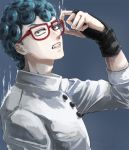  1boy adjusting_glasses black_eyes blue_hair clenched_teeth curly_hair from_side ghiaccio glasses gloves jojo_no_kimyou_na_bouken male_focus partly_fingerless_gloves solo teeth tsubakichi_(ssaaarmmmnf) upper_body 