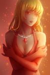  1girl blonde_hair breasts character_request cleavage elbow_gloves emalfire evening_gown gloves highres jewelry long_hair necklace parted_lips pearl_necklace self_hug sketch solo sound_horizon 